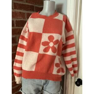 Liam & Co Daisy Checkerboard Sweater Groovy Retro Cottagecore Medium Hippie